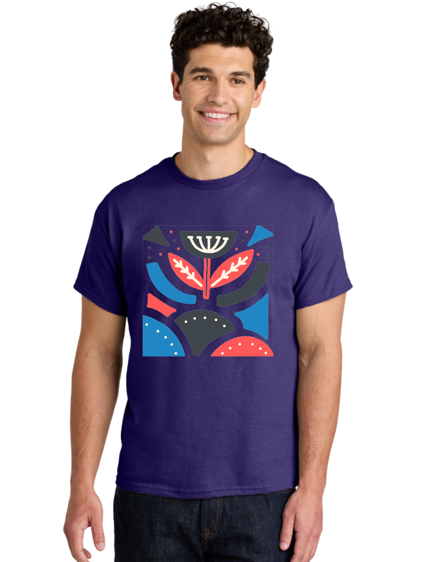 Menorah-Illustration Men'S Graphic Tee, 100% Cotton, Comfortable Casual Summer Wear, Machine Washable, Menorah Illustration, Abstract Floral Design, Hanukkah Symbol, Festive Atmosphere, Jewish Tradition, Holiday Celebration, Aab764