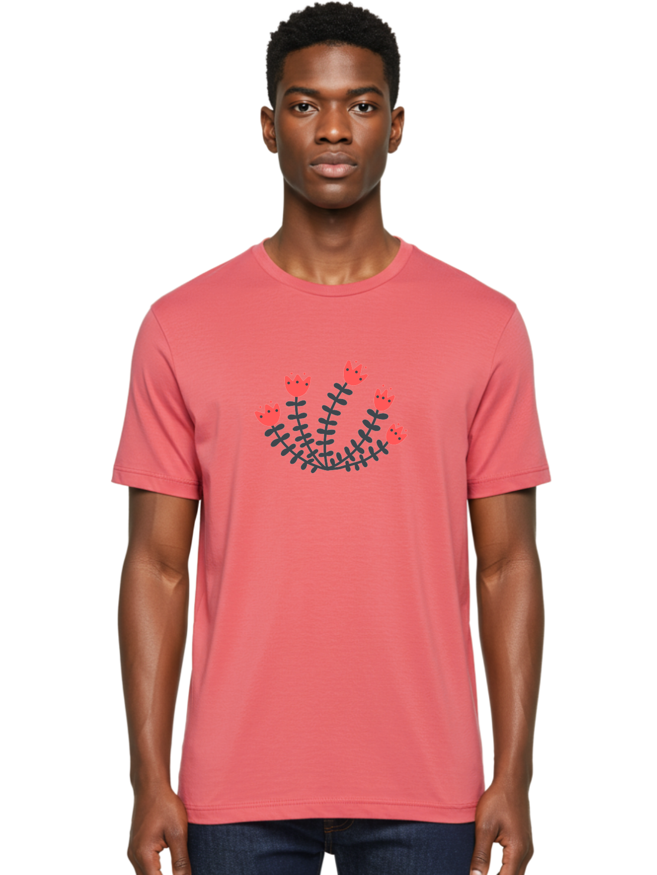 Pink-Flowers Men'S Graphic Tee, 100% Cotton, Comfortable Casual Summer Wear, Machine Washable, Red Flowers, Cartoon Style, Floral Arrangement, Blooming Flowers, Cute Design, Simple Illustration, Vibrant Flowers Aab771