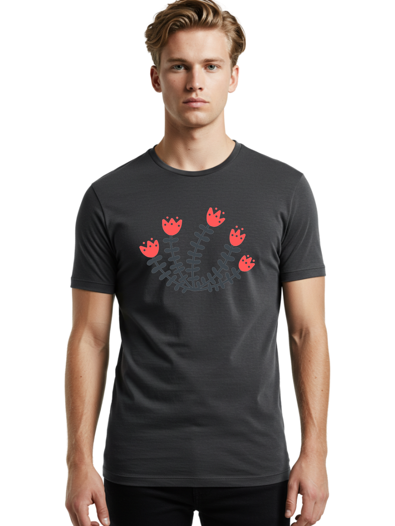 Pink-Flowers Men'S Graphic Tee, 100% Cotton, Comfortable Casual Summer Wear, Machine Washable, Red Flowers, Cartoon Style, Floral Arrangement, Blooming Flowers, Cute Design, Simple Illustration, Vibrant Flowers Aab771