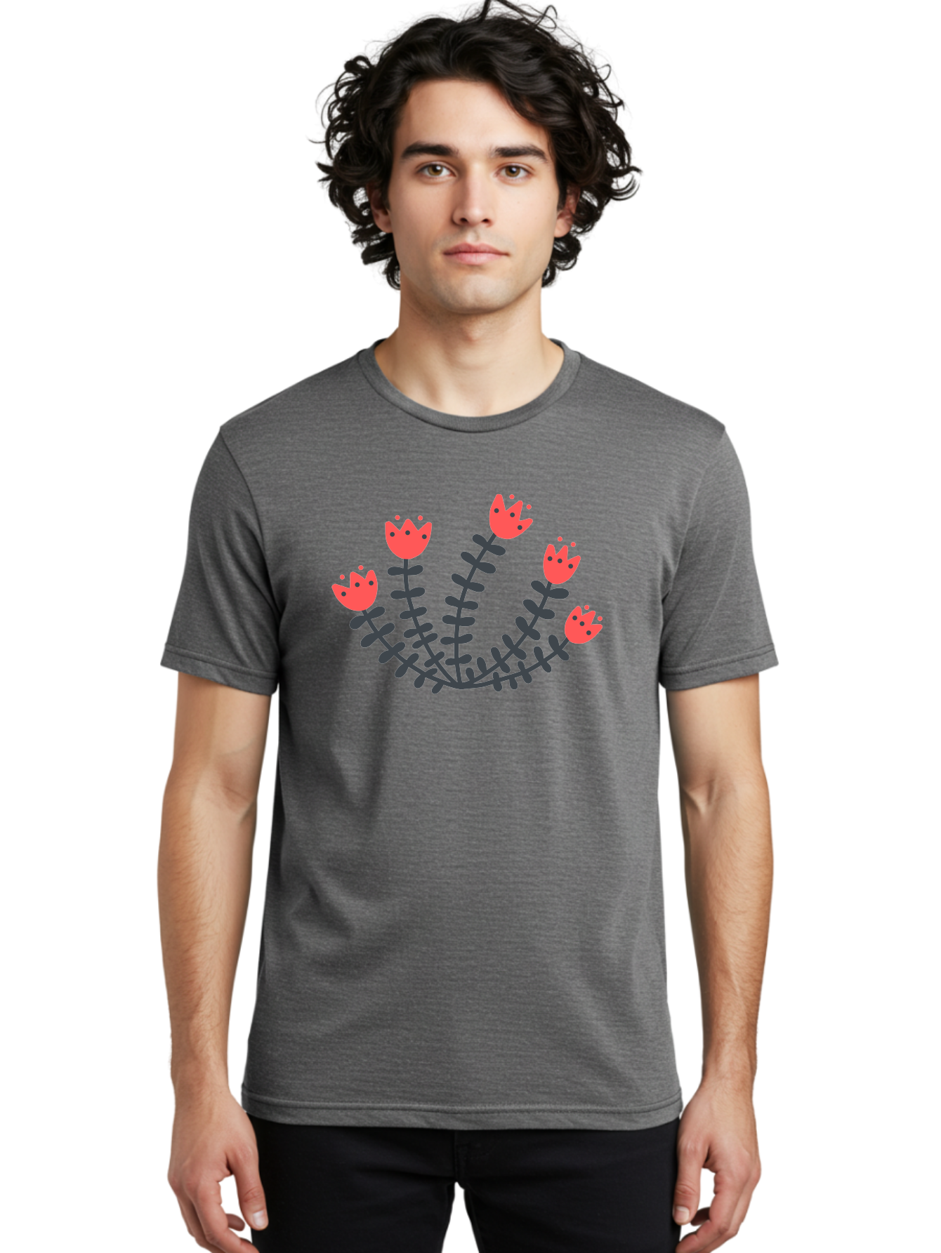 Pink-Flowers Men'S Graphic Tee, 100% Cotton, Comfortable Casual Summer Wear, Machine Washable, Red Flowers, Cartoon Style, Floral Arrangement, Blooming Flowers, Cute Design, Simple Illustration, Vibrant Flowers Aab771