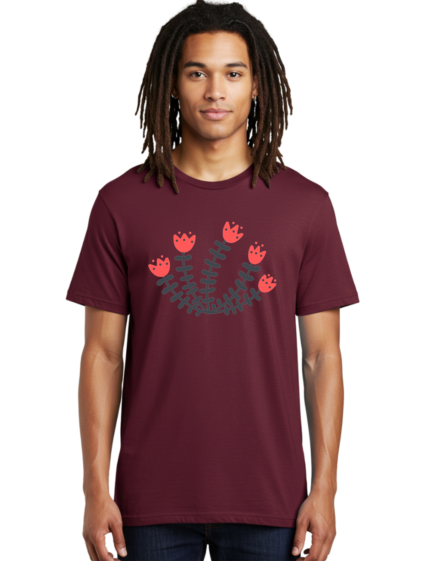 Pink-Flowers Men'S Graphic Tee, 100% Cotton, Comfortable Casual Summer Wear, Machine Washable, Red Flowers, Cartoon Style, Floral Arrangement, Blooming Flowers, Cute Design, Simple Illustration, Vibrant Flowers Aab771