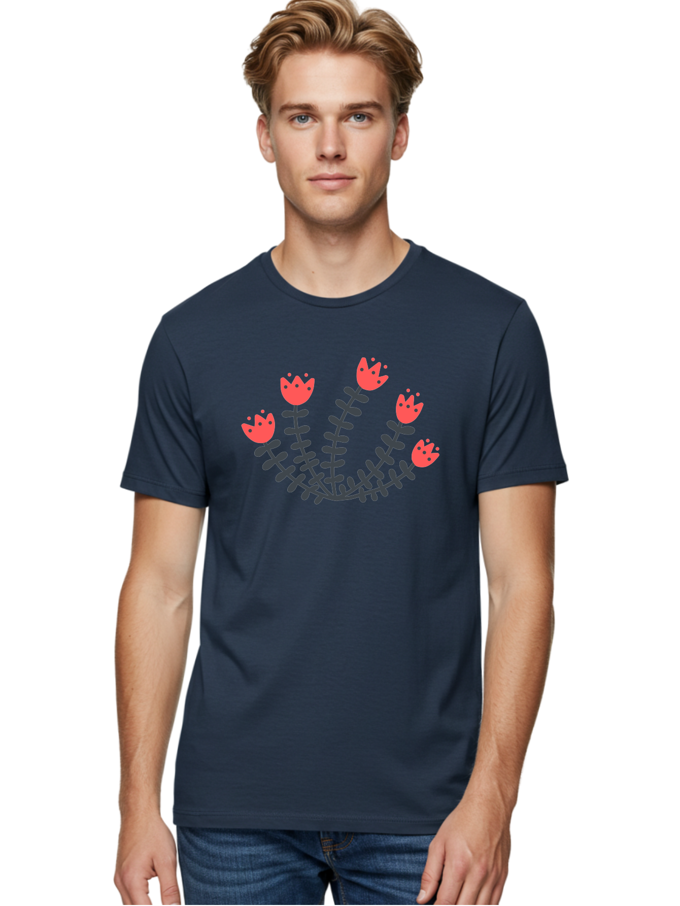 Pink-Flowers Men'S Graphic Tee, 100% Cotton, Comfortable Casual Summer Wear, Machine Washable, Red Flowers, Cartoon Style, Floral Arrangement, Blooming Flowers, Cute Design, Simple Illustration, Vibrant Flowers Aab771