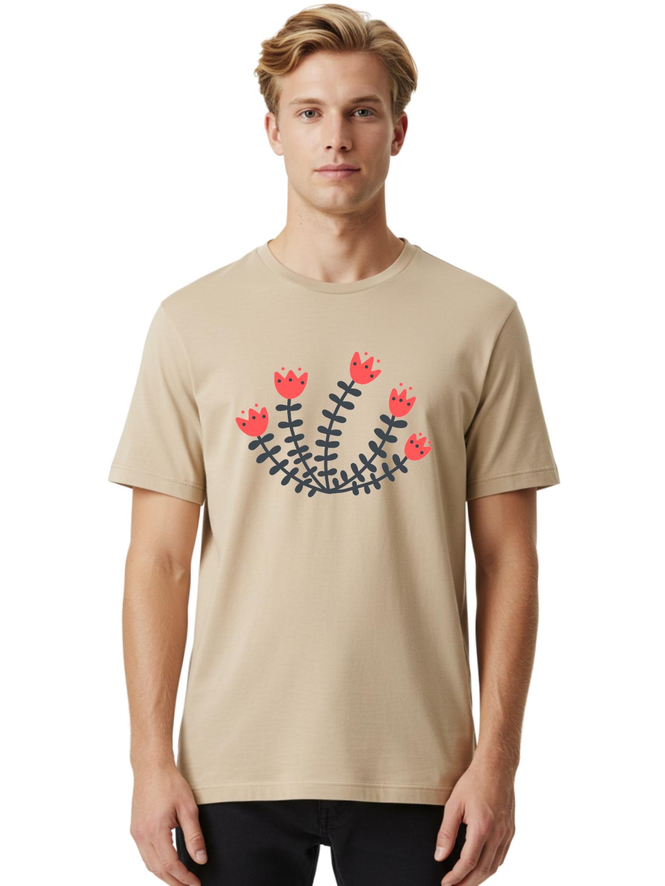 Pink-Flowers Men'S Graphic Tee, 100% Cotton, Comfortable Casual Summer Wear, Machine Washable, Red Flowers, Cartoon Style, Floral Arrangement, Blooming Flowers, Cute Design, Simple Illustration, Vibrant Flowers Aab771