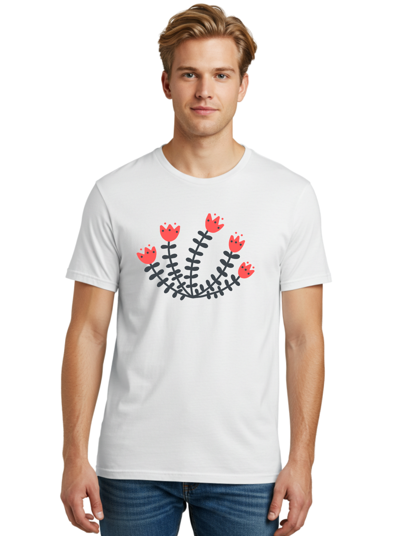 Pink-Flowers Men'S Graphic Tee, 100% Cotton, Comfortable Casual Summer Wear, Machine Washable, Red Flowers, Cartoon Style, Floral Arrangement, Blooming Flowers, Cute Design, Simple Illustration, Vibrant Flowers Aab771