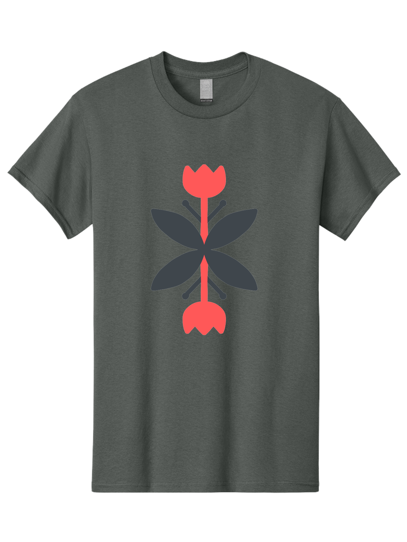 Pink-Tulip Men'S Graphic Tee, 100% Cotton, Comfortable Casual Summer Wear, Machine Washable, Stylized Butterfly, Red Flowers, Black Leaves, Floral Design, Abstract Art, Graphic Illustration, Minimalist Style, Symmetrical Composition Aab772