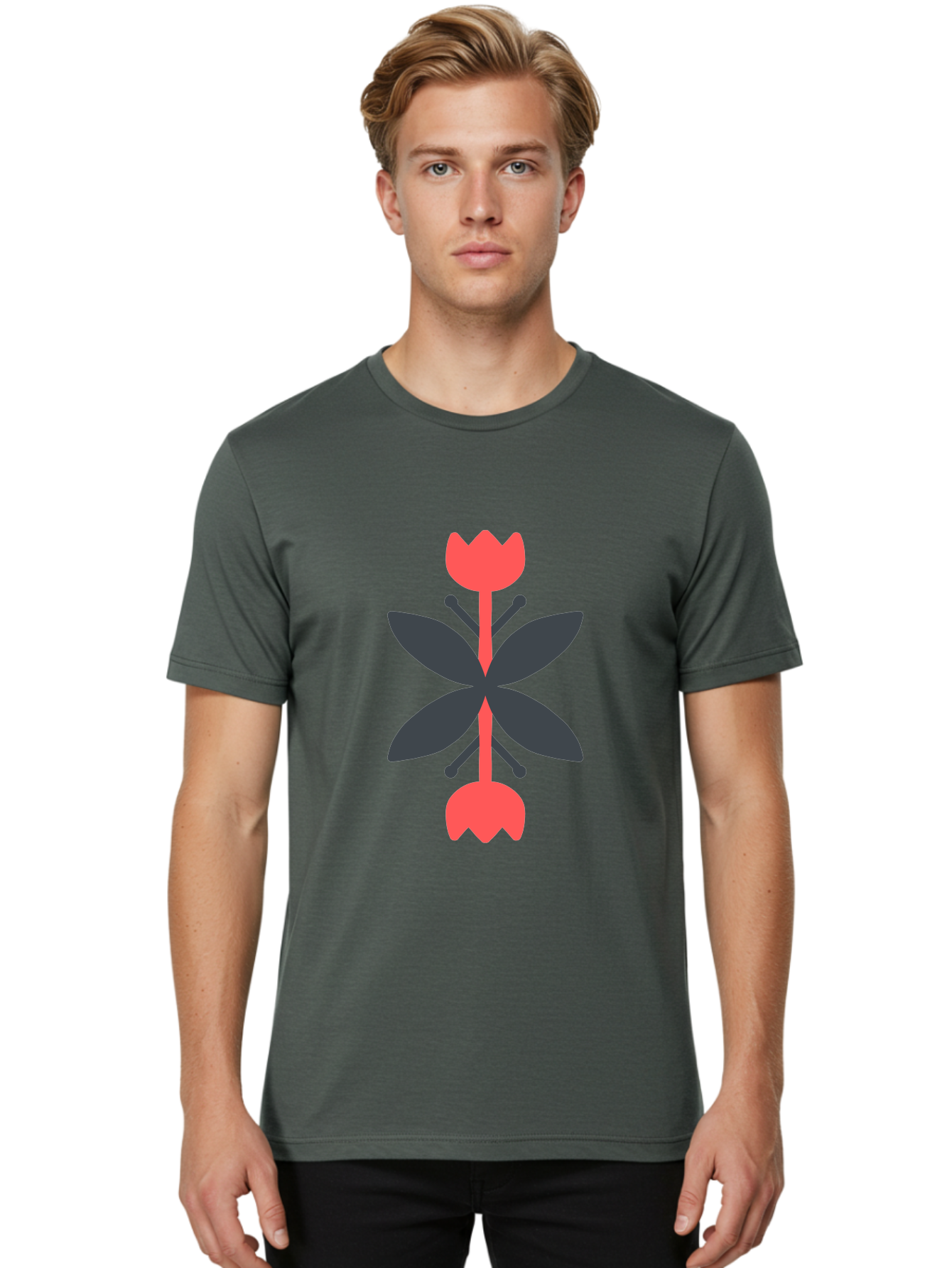 Pink-Tulip Men'S Graphic Tee, 100% Cotton, Comfortable Casual Summer Wear, Machine Washable, Stylized Butterfly, Red Flowers, Black Leaves, Floral Design, Abstract Art, Graphic Illustration, Minimalist Style, Symmetrical Composition Aab772