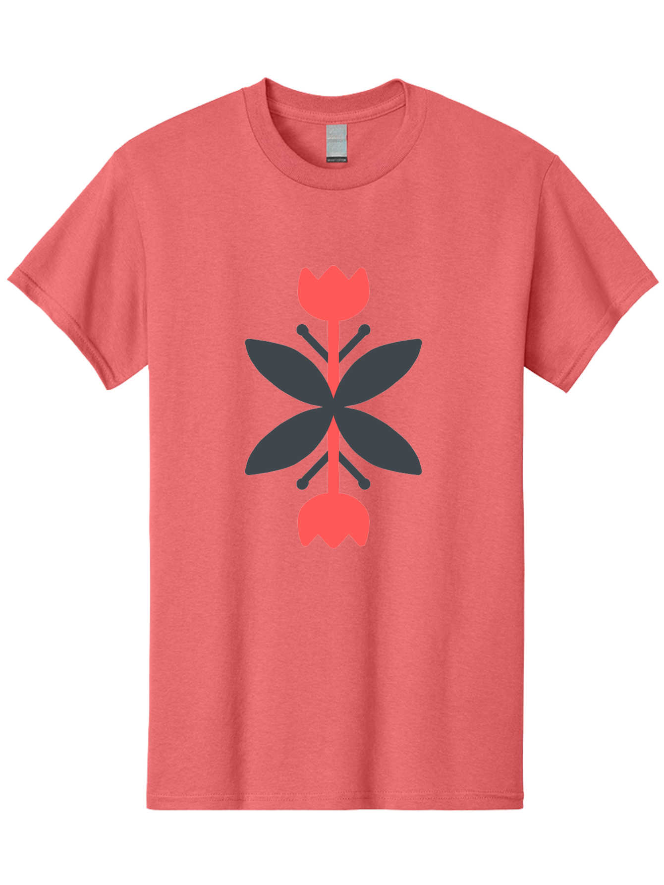 Pink-Tulip Men'S Graphic Tee, 100% Cotton, Comfortable Casual Summer Wear, Machine Washable, Stylized Butterfly, Red Flowers, Black Leaves, Floral Design, Abstract Art, Graphic Illustration, Minimalist Style, Symmetrical Composition Aab772
