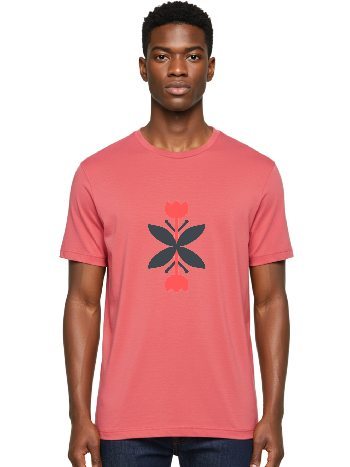 Pink-Tulip Men'S Graphic Tee, 100% Cotton, Comfortable Casual Summer Wear, Machine Washable, Stylized Butterfly, Red Flowers, Black Leaves, Floral Design, Abstract Art, Graphic Illustration, Minimalist Style, Symmetrical Composition Aab772