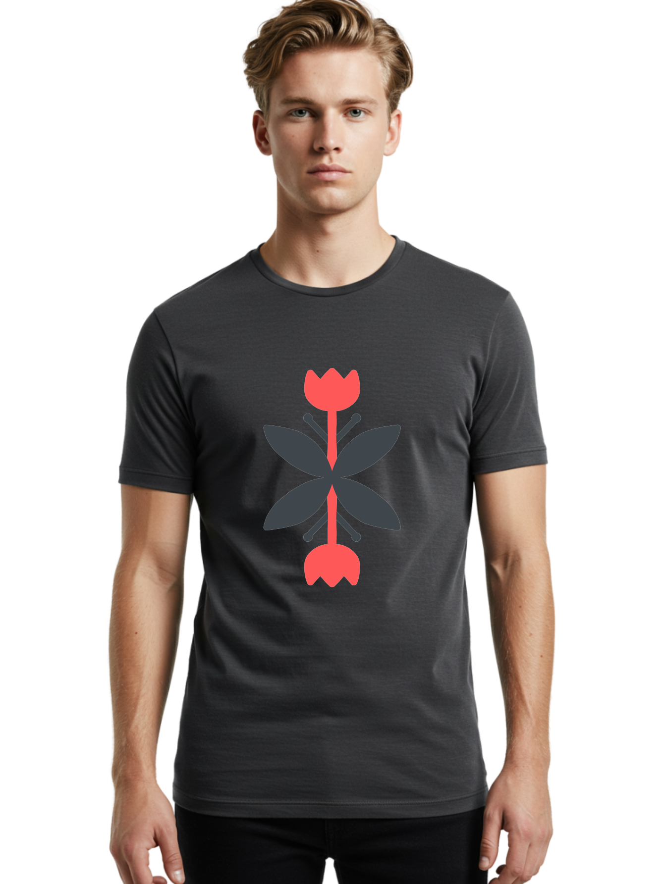 Pink-Tulip Men'S Graphic Tee, 100% Cotton, Comfortable Casual Summer Wear, Machine Washable, Stylized Butterfly, Red Flowers, Black Leaves, Floral Design, Abstract Art, Graphic Illustration, Minimalist Style, Symmetrical Composition Aab772