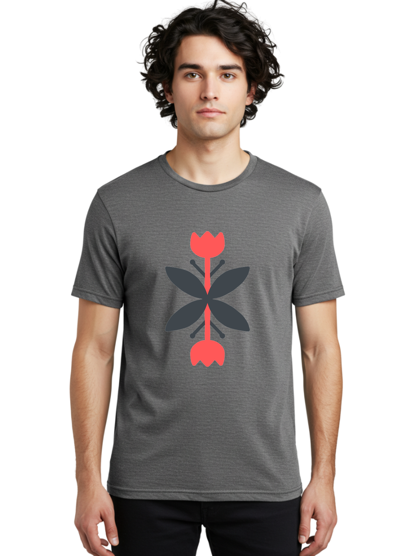 Pink-Tulip Men'S Graphic Tee, 100% Cotton, Comfortable Casual Summer Wear, Machine Washable, Stylized Butterfly, Red Flowers, Black Leaves, Floral Design, Abstract Art, Graphic Illustration, Minimalist Style, Symmetrical Composition Aab772