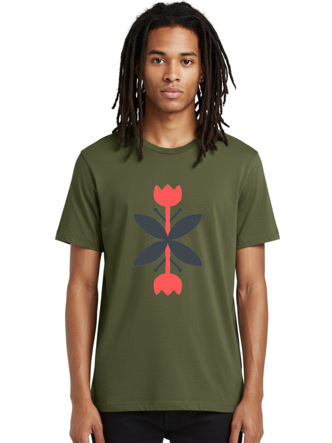 Pink-Tulip Men'S Graphic Tee, 100% Cotton, Comfortable Casual Summer Wear, Machine Washable, Stylized Butterfly, Red Flowers, Black Leaves, Floral Design, Abstract Art, Graphic Illustration, Minimalist Style, Symmetrical Composition Aab772