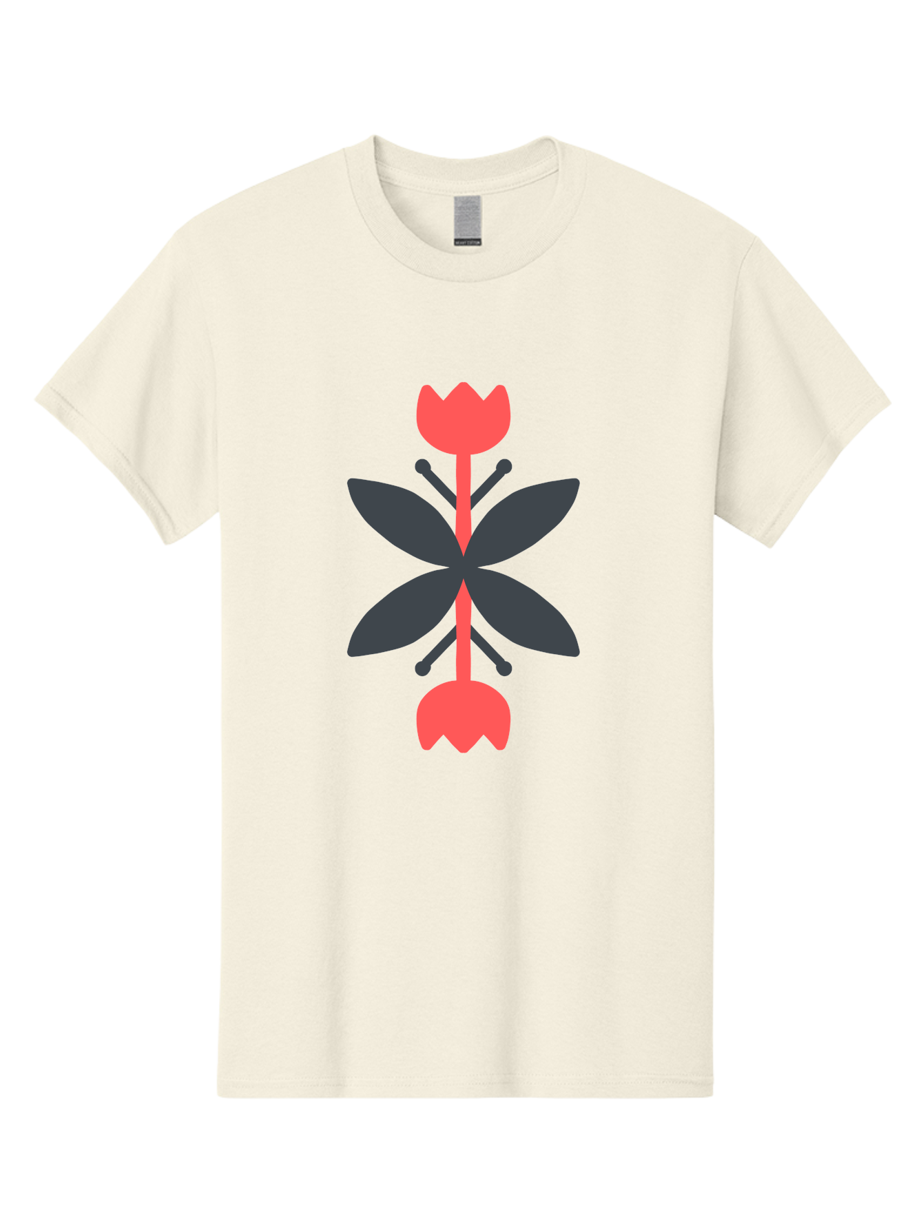 Pink-Tulip Men'S Graphic Tee, 100% Cotton, Comfortable Casual Summer Wear, Machine Washable, Stylized Butterfly, Red Flowers, Black Leaves, Floral Design, Abstract Art, Graphic Illustration, Minimalist Style, Symmetrical Composition Aab772