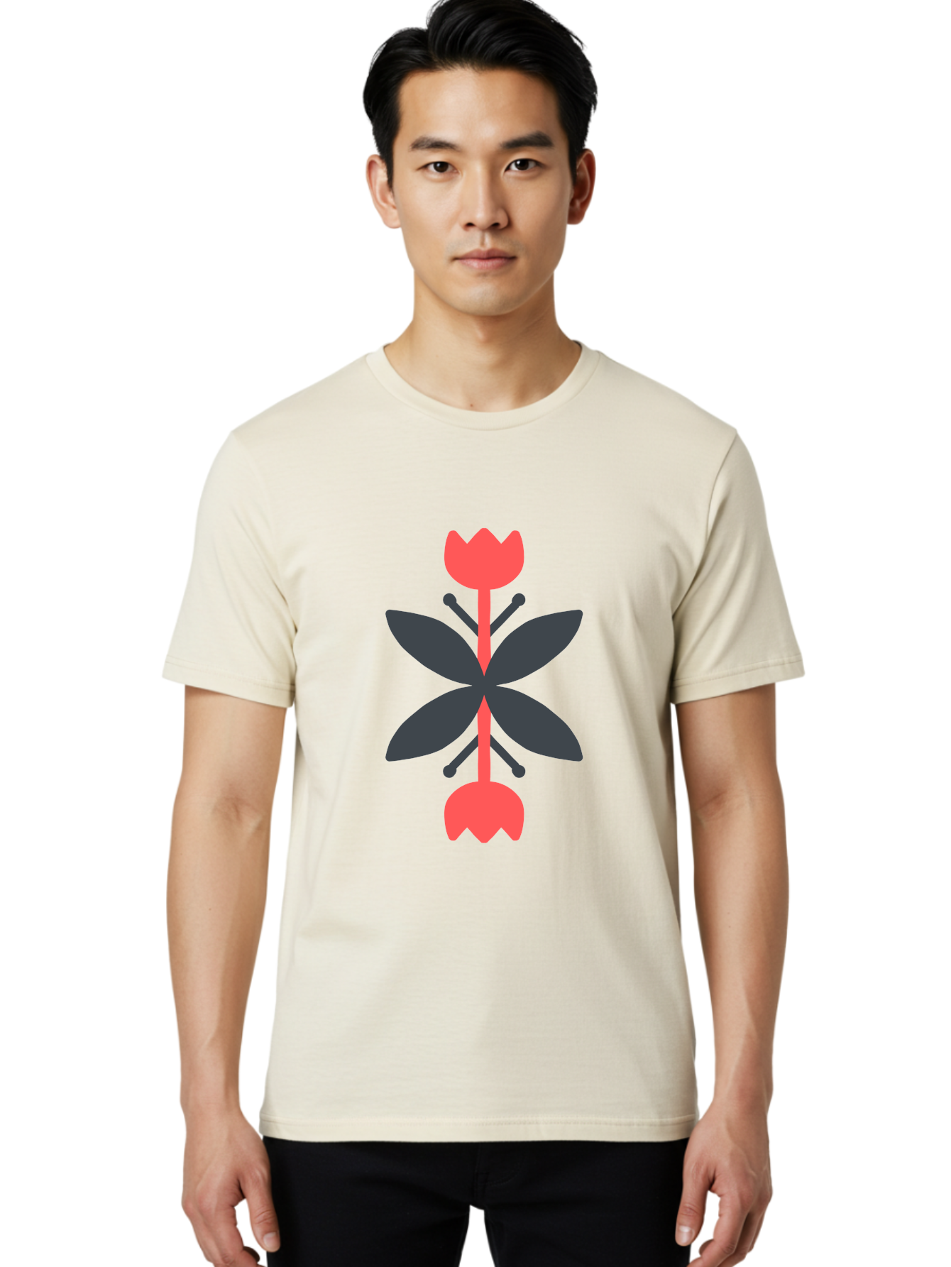 Pink-Tulip Men'S Graphic Tee, 100% Cotton, Comfortable Casual Summer Wear, Machine Washable, Stylized Butterfly, Red Flowers, Black Leaves, Floral Design, Abstract Art, Graphic Illustration, Minimalist Style, Symmetrical Composition Aab772