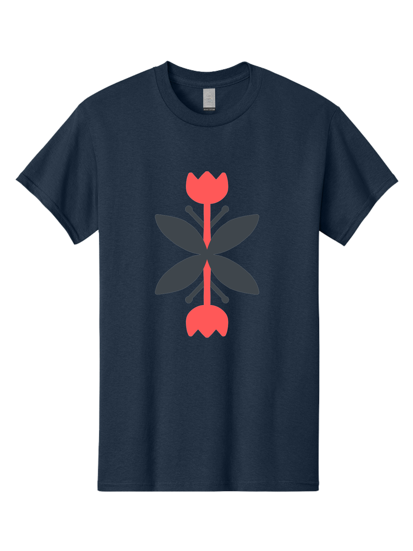 Pink-Tulip Men'S Graphic Tee, 100% Cotton, Comfortable Casual Summer Wear, Machine Washable, Stylized Butterfly, Red Flowers, Black Leaves, Floral Design, Abstract Art, Graphic Illustration, Minimalist Style, Symmetrical Composition Aab772