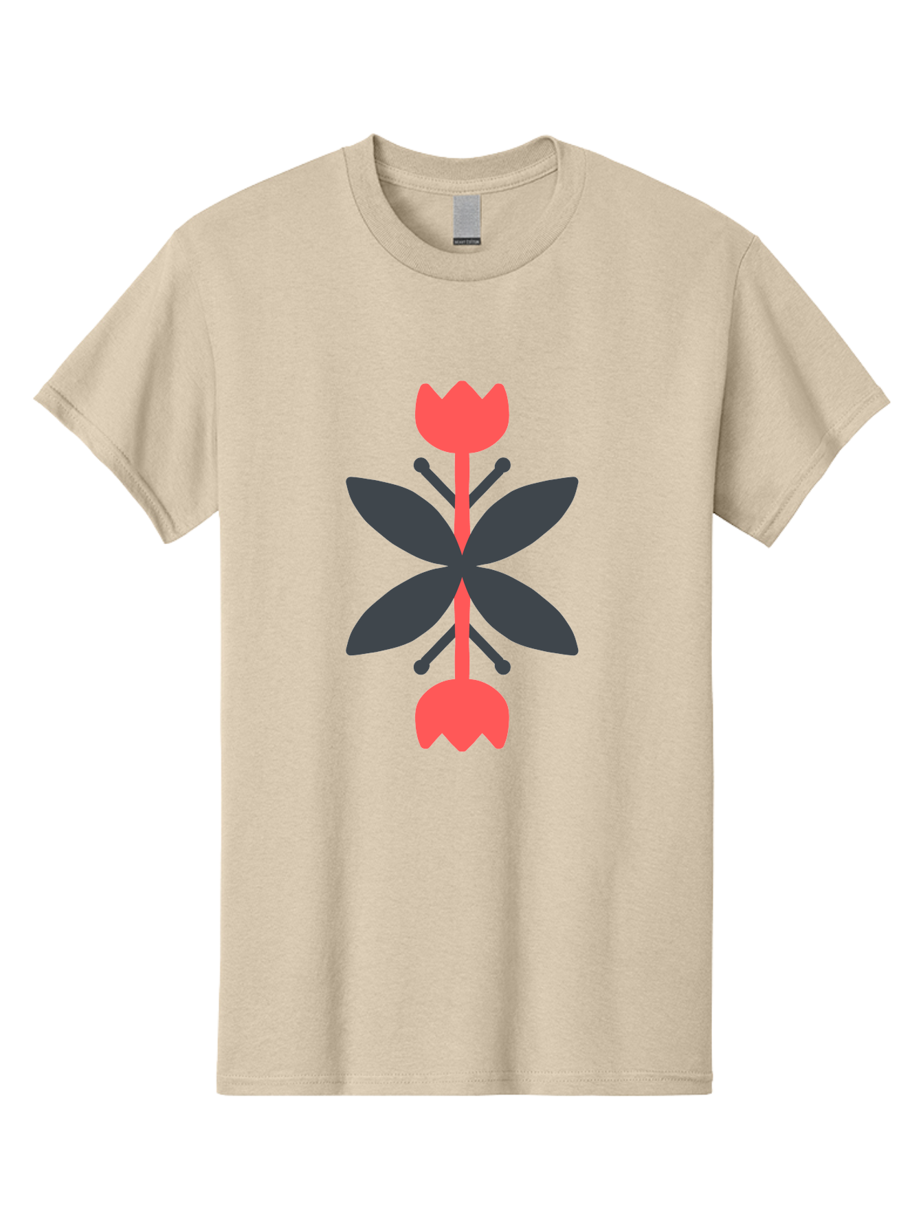 Pink-Tulip Men'S Graphic Tee, 100% Cotton, Comfortable Casual Summer Wear, Machine Washable, Stylized Butterfly, Red Flowers, Black Leaves, Floral Design, Abstract Art, Graphic Illustration, Minimalist Style, Symmetrical Composition Aab772