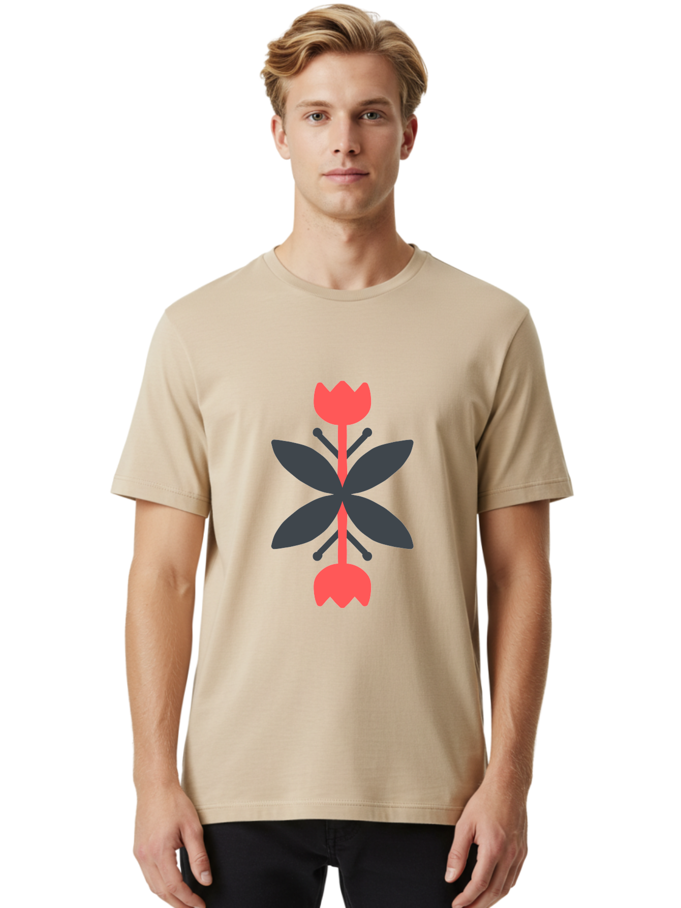Pink-Tulip Men'S Graphic Tee, 100% Cotton, Comfortable Casual Summer Wear, Machine Washable, Stylized Butterfly, Red Flowers, Black Leaves, Floral Design, Abstract Art, Graphic Illustration, Minimalist Style, Symmetrical Composition Aab772