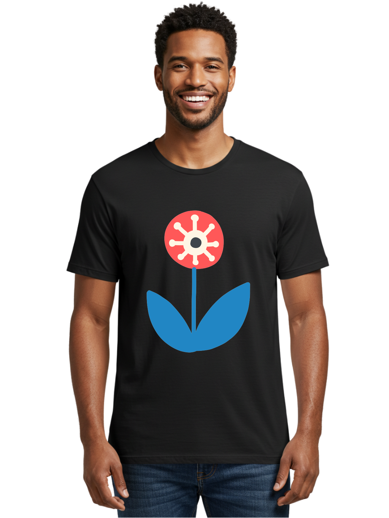 Piranha-Plant Men'S Graphic Tee, 100% Cotton, Comfortable Casual Summer Wear, Machine Washable, Cartoon Flower, Red Bloom, Blue Leaves, White And Black Center, Mushroom Inspired, Video Game Art, Super Mario, Simple Shapes, Bold Colors, Aab773