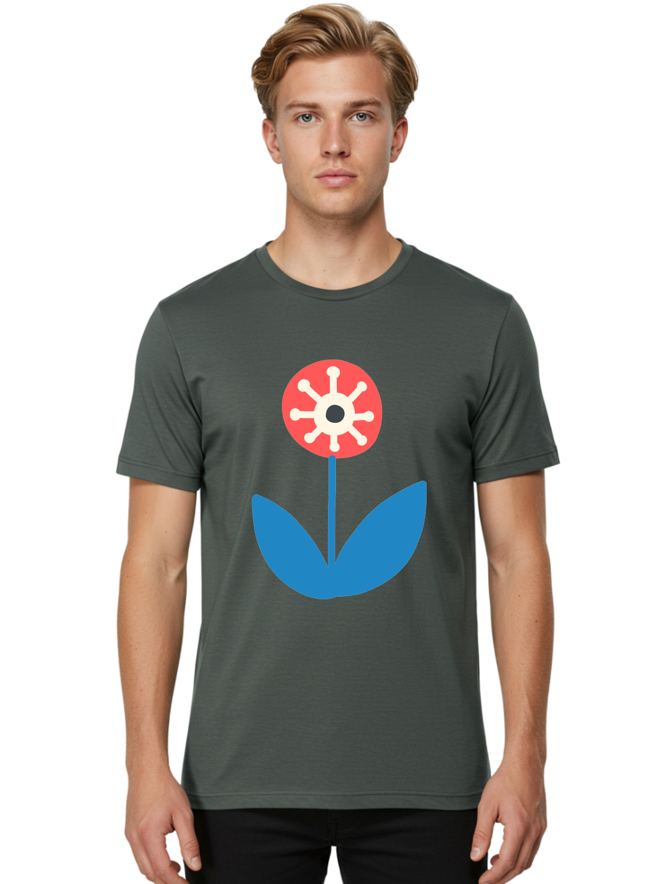 Piranha-Plant Men'S Graphic Tee, 100% Cotton, Comfortable Casual Summer Wear, Machine Washable, Cartoon Flower, Red Bloom, Blue Leaves, White And Black Center, Mushroom Inspired, Video Game Art, Super Mario, Simple Shapes, Bold Colors, Aab773