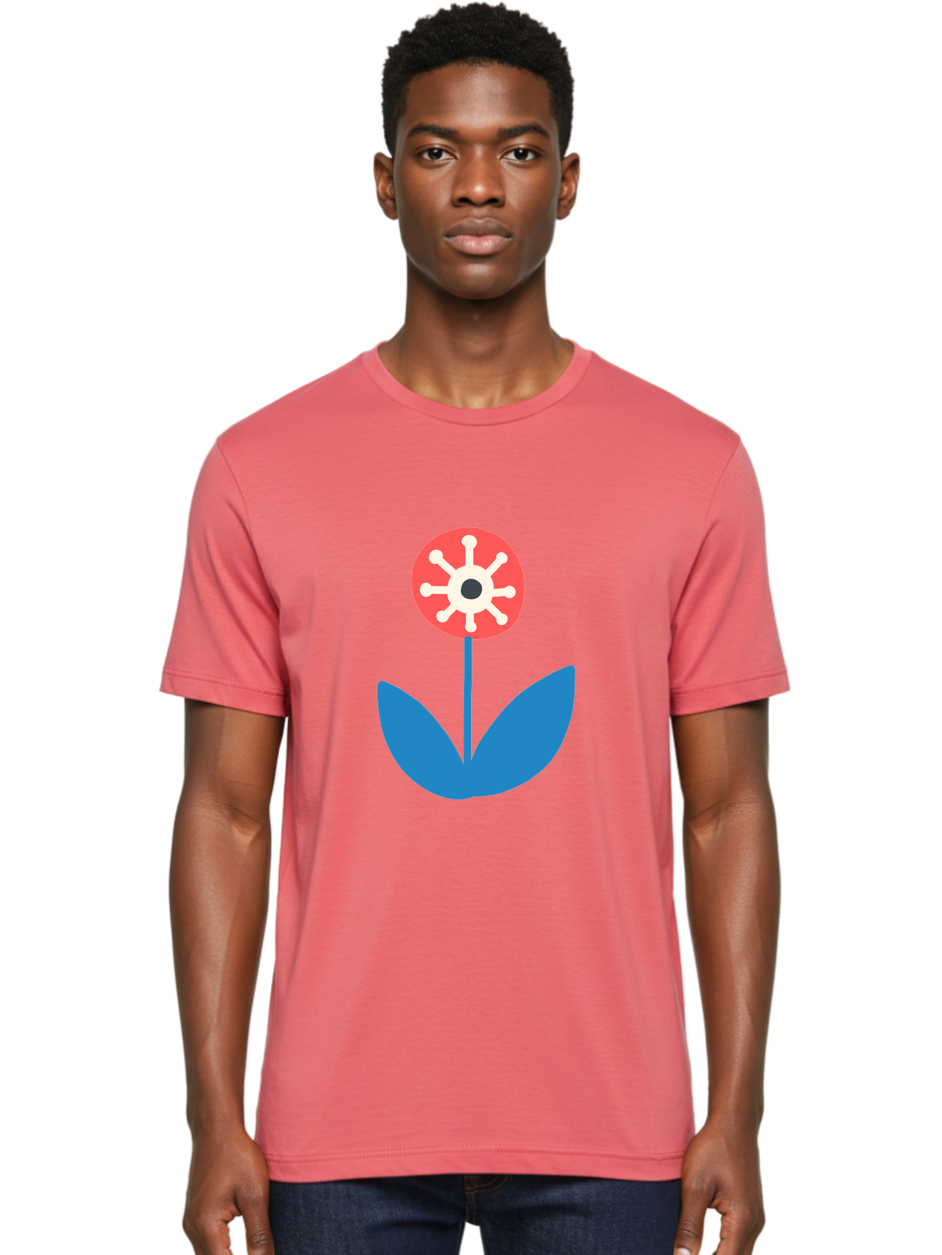 Piranha-Plant Men'S Graphic Tee, 100% Cotton, Comfortable Casual Summer Wear, Machine Washable, Cartoon Flower, Red Bloom, Blue Leaves, White And Black Center, Mushroom Inspired, Video Game Art, Super Mario, Simple Shapes, Bold Colors, Aab773