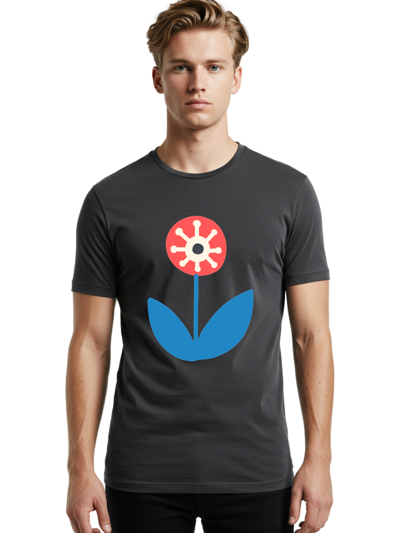 Piranha-Plant Men'S Graphic Tee, 100% Cotton, Comfortable Casual Summer Wear, Machine Washable, Cartoon Flower, Red Bloom, Blue Leaves, White And Black Center, Mushroom Inspired, Video Game Art, Super Mario, Simple Shapes, Bold Colors, Aab773