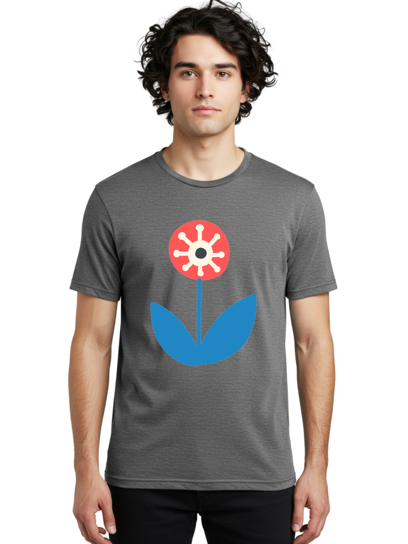 Piranha-Plant Men'S Graphic Tee, 100% Cotton, Comfortable Casual Summer Wear, Machine Washable, Cartoon Flower, Red Bloom, Blue Leaves, White And Black Center, Mushroom Inspired, Video Game Art, Super Mario, Simple Shapes, Bold Colors, Aab773