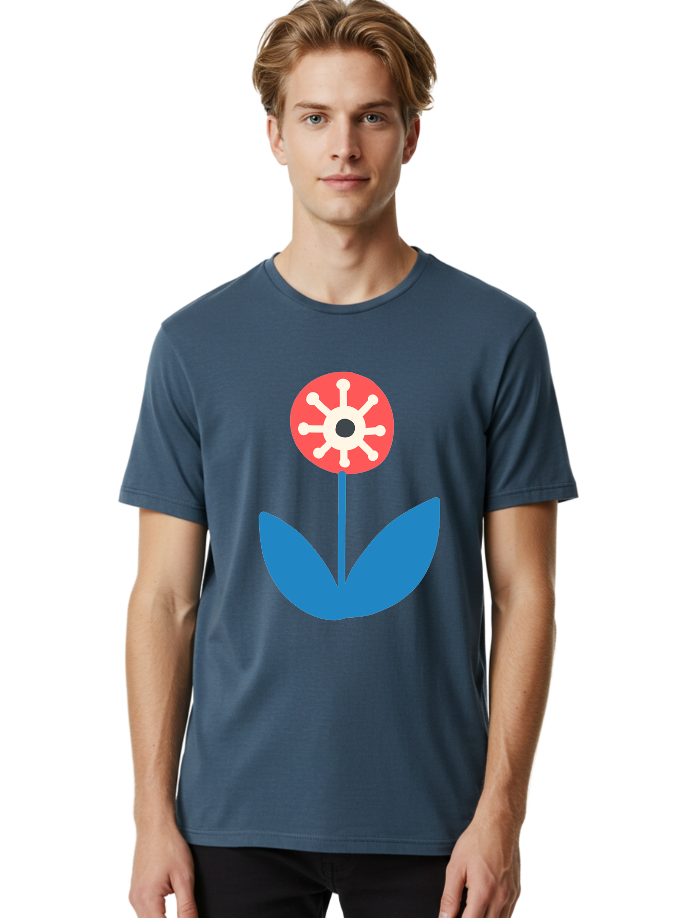 Piranha-Plant Men'S Graphic Tee, 100% Cotton, Comfortable Casual Summer Wear, Machine Washable, Cartoon Flower, Red Bloom, Blue Leaves, White And Black Center, Mushroom Inspired, Video Game Art, Super Mario, Simple Shapes, Bold Colors, Aab773