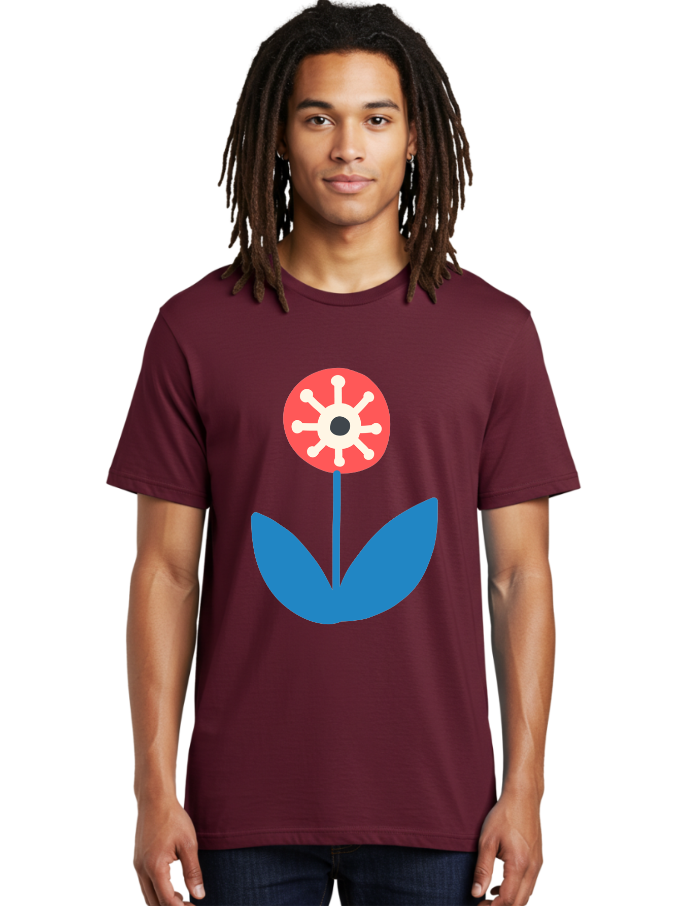 Piranha-Plant Men'S Graphic Tee, 100% Cotton, Comfortable Casual Summer Wear, Machine Washable, Cartoon Flower, Red Bloom, Blue Leaves, White And Black Center, Mushroom Inspired, Video Game Art, Super Mario, Simple Shapes, Bold Colors, Aab773