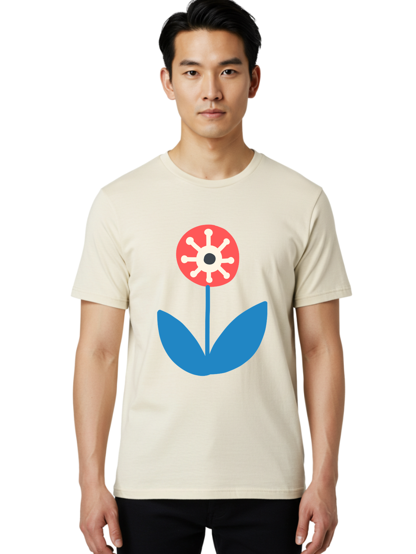 Piranha-Plant Men'S Graphic Tee, 100% Cotton, Comfortable Casual Summer Wear, Machine Washable, Cartoon Flower, Red Bloom, Blue Leaves, White And Black Center, Mushroom Inspired, Video Game Art, Super Mario, Simple Shapes, Bold Colors, Aab773