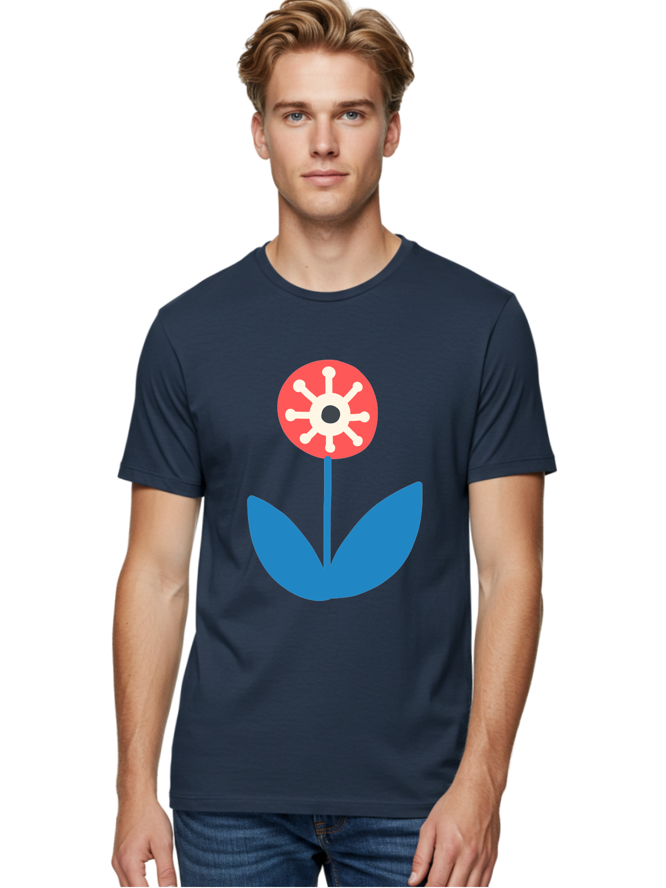 Piranha-Plant Men'S Graphic Tee, 100% Cotton, Comfortable Casual Summer Wear, Machine Washable, Cartoon Flower, Red Bloom, Blue Leaves, White And Black Center, Mushroom Inspired, Video Game Art, Super Mario, Simple Shapes, Bold Colors, Aab773