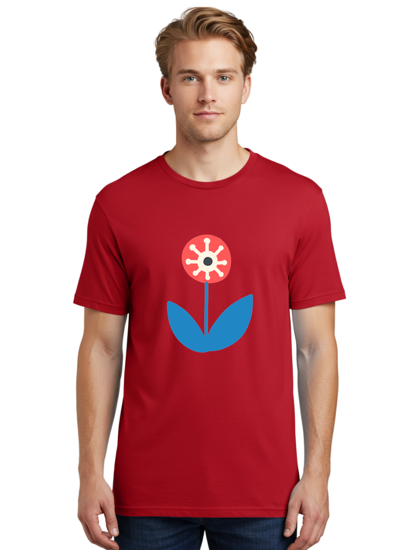 Piranha-Plant Men'S Graphic Tee, 100% Cotton, Comfortable Casual Summer Wear, Machine Washable, Cartoon Flower, Red Bloom, Blue Leaves, White And Black Center, Mushroom Inspired, Video Game Art, Super Mario, Simple Shapes, Bold Colors, Aab773