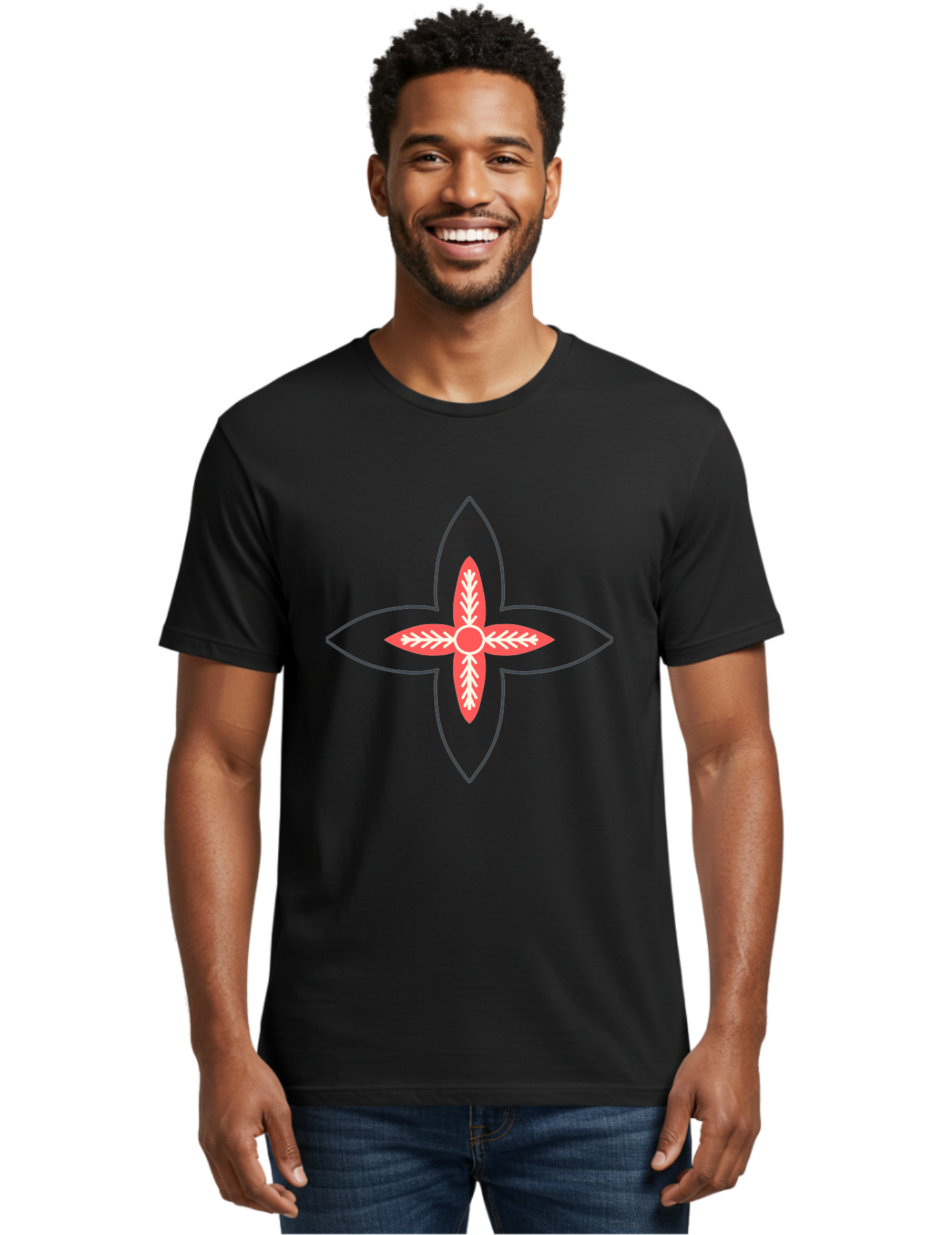 Red-And-White-Floral-Icon Men'S Graphic Tee, 100% Cotton, Comfortable Casual Summer Wear, Machine Washable, Stylized Flower, Floral Emblem, Abstract Design, Red And White Pattern, Symmetrical Shape, Decorative Motif, Geometric Pattern, Aab777