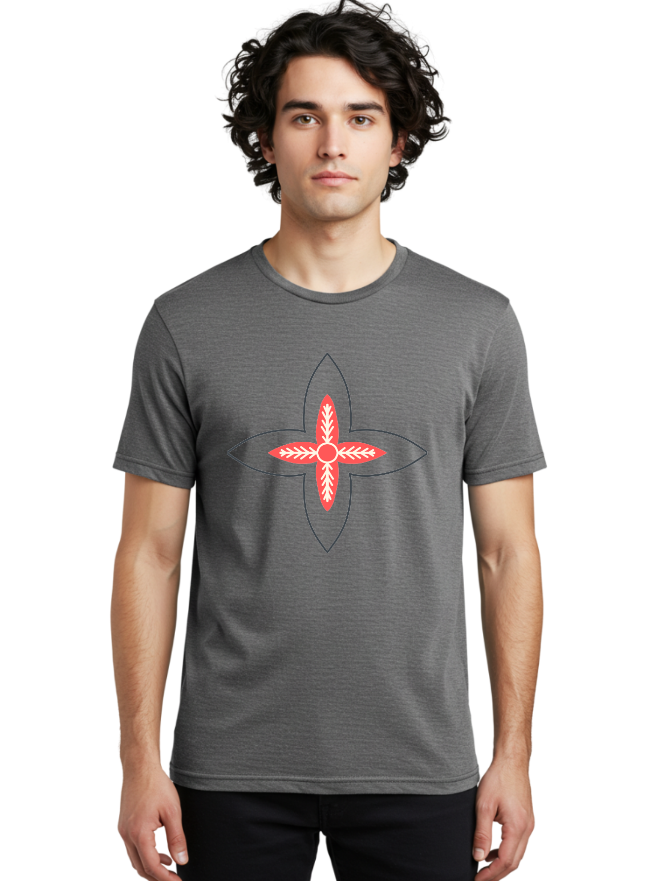 Red-And-White-Floral-Icon Men'S Graphic Tee, 100% Cotton, Comfortable Casual Summer Wear, Machine Washable, Stylized Flower, Floral Emblem, Abstract Design, Red And White Pattern, Symmetrical Shape, Decorative Motif, Geometric Pattern, Aab777