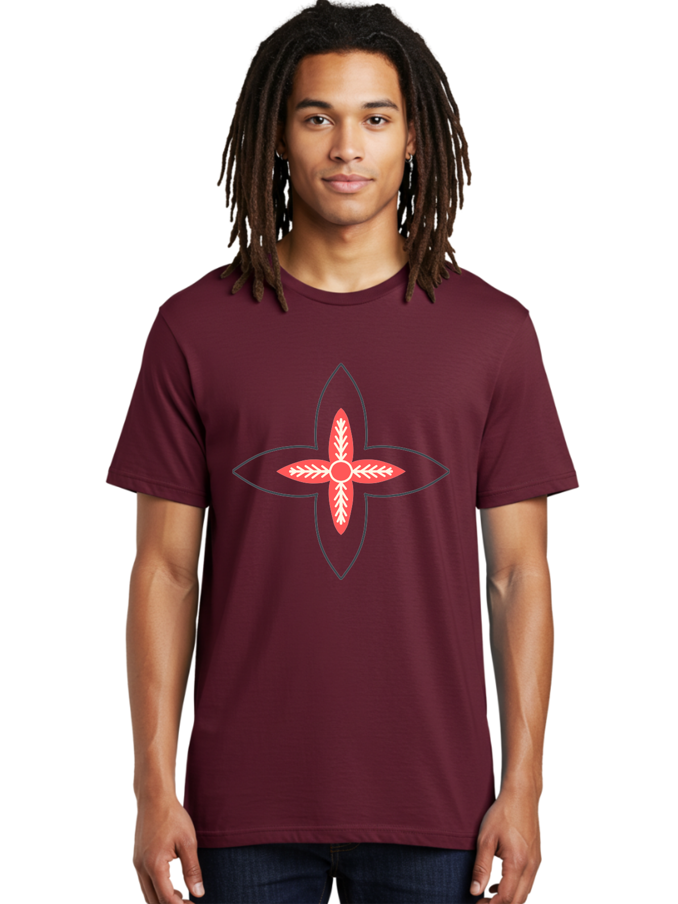 Red-And-White-Floral-Icon Men'S Graphic Tee, 100% Cotton, Comfortable Casual Summer Wear, Machine Washable, Stylized Flower, Floral Emblem, Abstract Design, Red And White Pattern, Symmetrical Shape, Decorative Motif, Geometric Pattern, Aab777