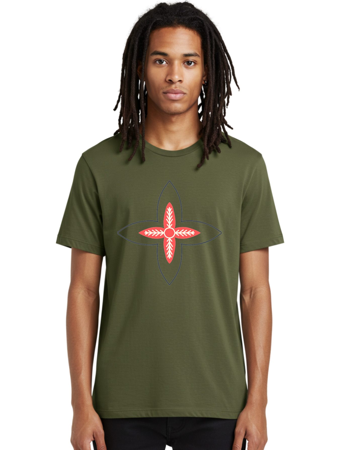 Red-And-White-Floral-Icon Men'S Graphic Tee, 100% Cotton, Comfortable Casual Summer Wear, Machine Washable, Stylized Flower, Floral Emblem, Abstract Design, Red And White Pattern, Symmetrical Shape, Decorative Motif, Geometric Pattern, Aab777