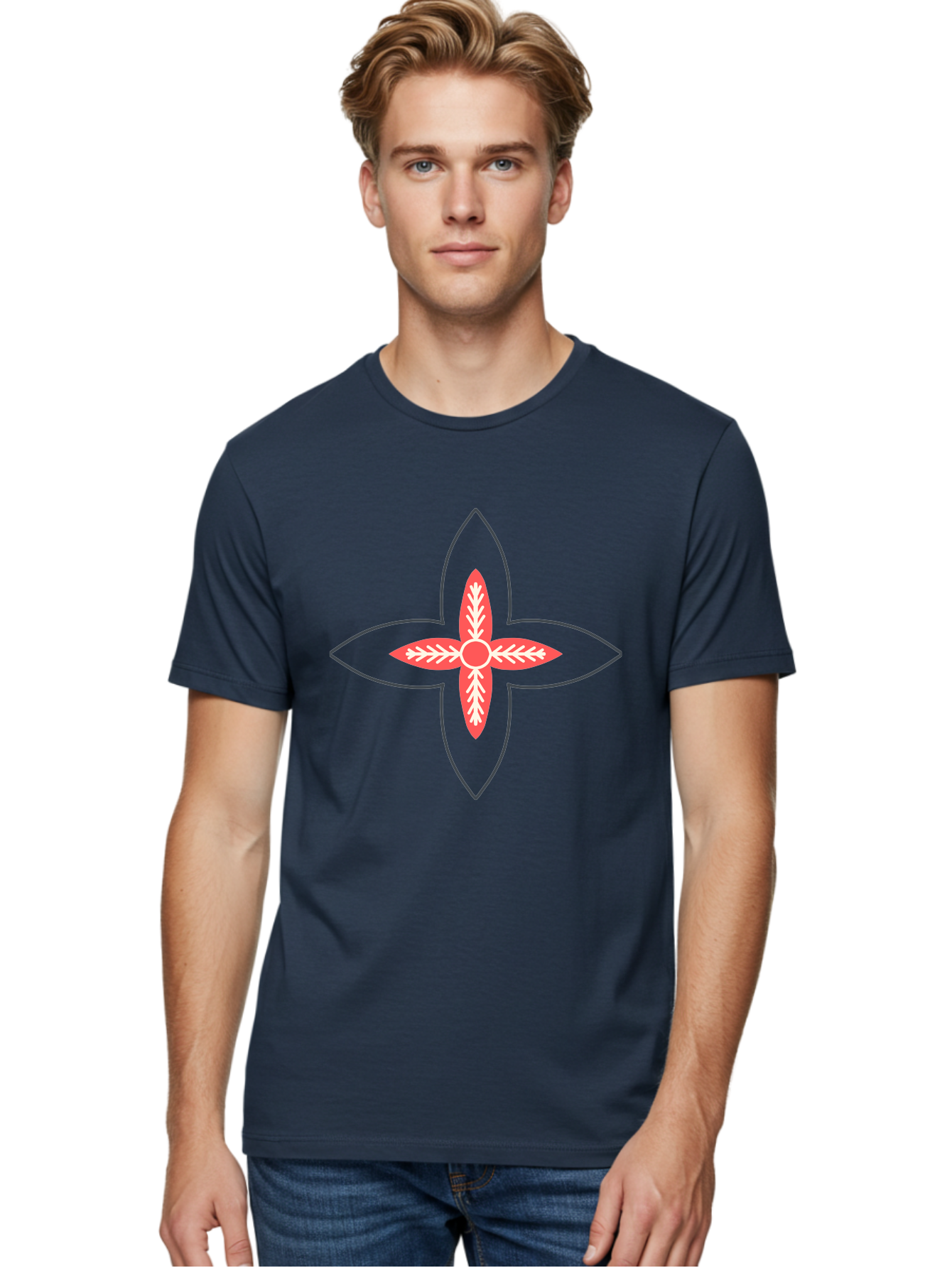 Red-And-White-Floral-Icon Men'S Graphic Tee, 100% Cotton, Comfortable Casual Summer Wear, Machine Washable, Stylized Flower, Floral Emblem, Abstract Design, Red And White Pattern, Symmetrical Shape, Decorative Motif, Geometric Pattern, Aab777