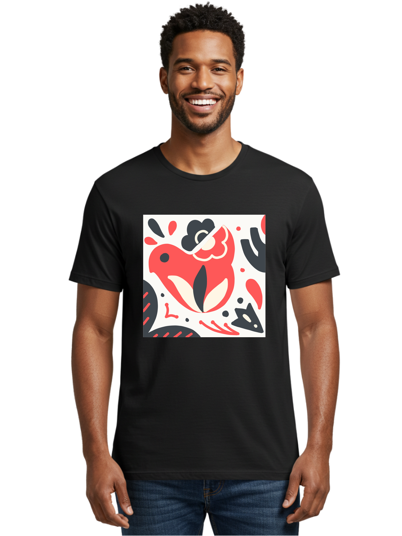 Red-Bird Men'S Graphic Tee, 100% Cotton, Comfortable Casual Summer Wear, Machine Washable, Stylized Fish Illustration, Abstract Shapes, Red And Black Accents, Modern Design, Artistic Expression, Creative Graphics, Bold Colors, Whimsical Art Aab779