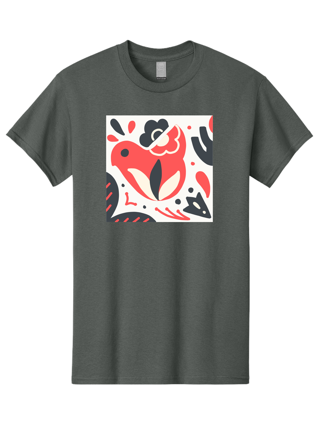 Red-Bird Men'S Graphic Tee, 100% Cotton, Comfortable Casual Summer Wear, Machine Washable, Stylized Fish Illustration, Abstract Shapes, Red And Black Accents, Modern Design, Artistic Expression, Creative Graphics, Bold Colors, Whimsical Art Aab779