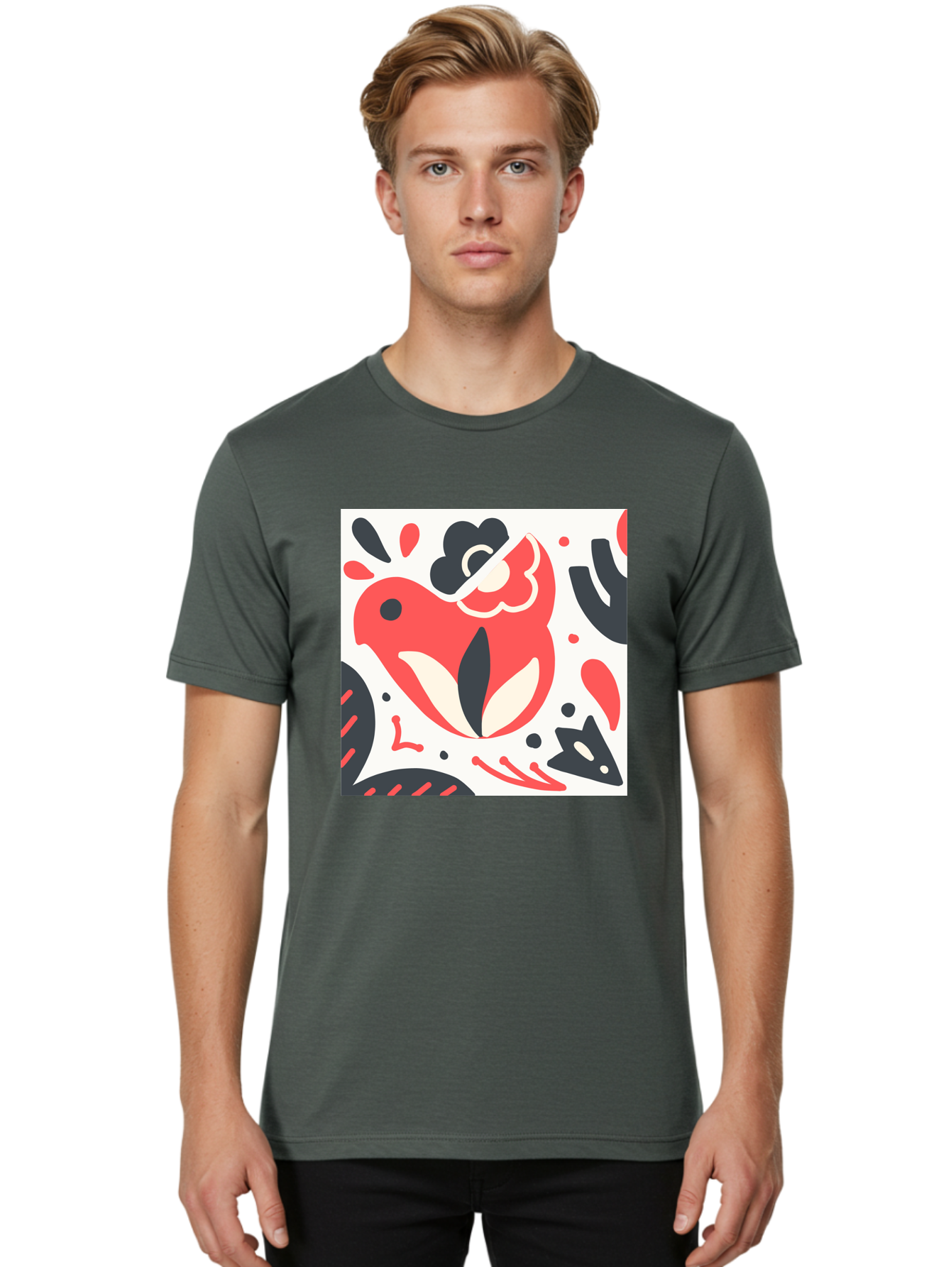Red-Bird Men'S Graphic Tee, 100% Cotton, Comfortable Casual Summer Wear, Machine Washable, Stylized Fish Illustration, Abstract Shapes, Red And Black Accents, Modern Design, Artistic Expression, Creative Graphics, Bold Colors, Whimsical Art Aab779