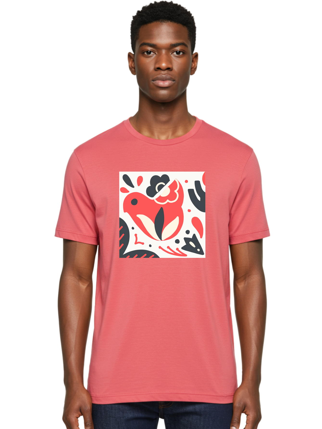 Red-Bird Men'S Graphic Tee, 100% Cotton, Comfortable Casual Summer Wear, Machine Washable, Stylized Fish Illustration, Abstract Shapes, Red And Black Accents, Modern Design, Artistic Expression, Creative Graphics, Bold Colors, Whimsical Art Aab779