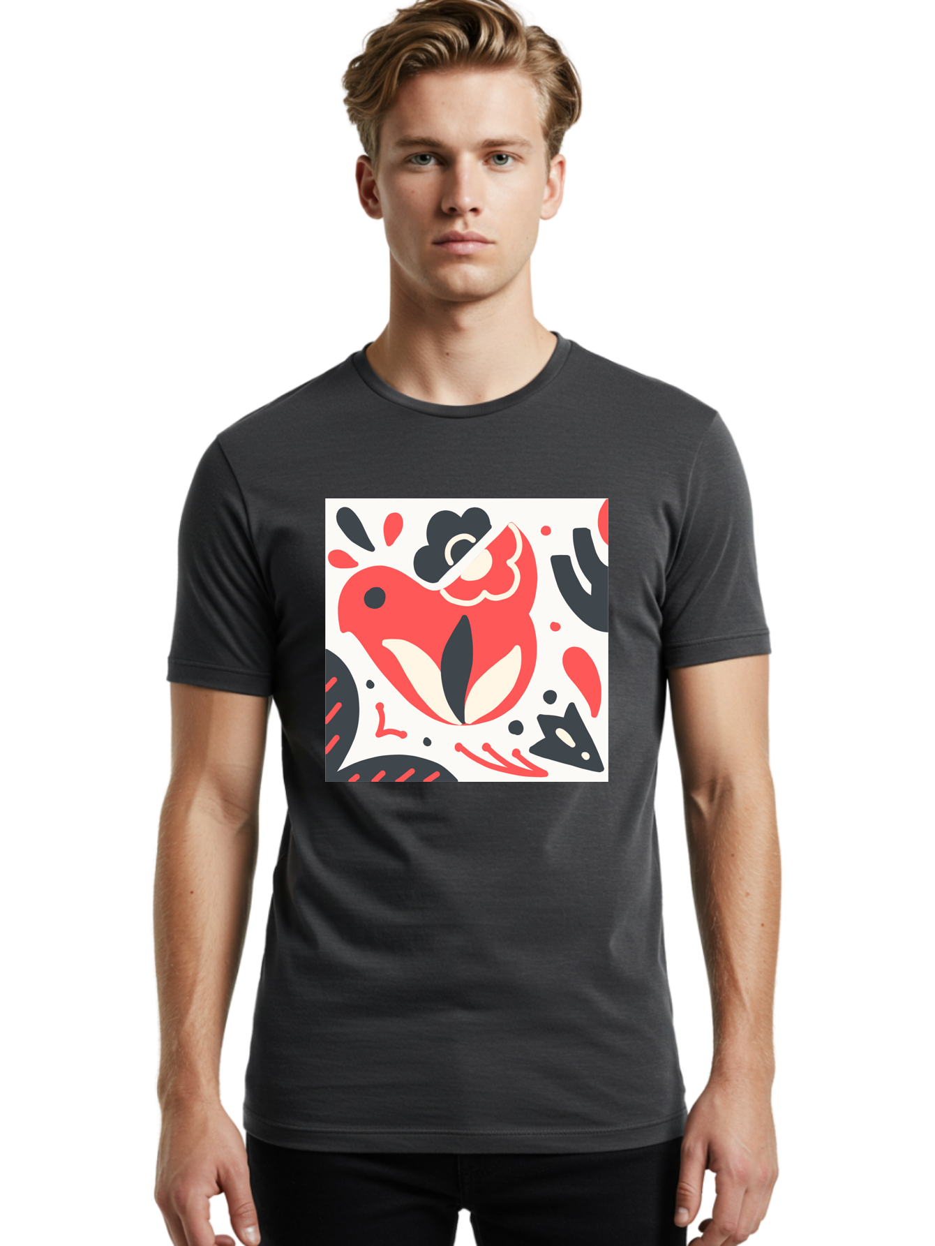 Red-Bird Men'S Graphic Tee, 100% Cotton, Comfortable Casual Summer Wear, Machine Washable, Stylized Fish Illustration, Abstract Shapes, Red And Black Accents, Modern Design, Artistic Expression, Creative Graphics, Bold Colors, Whimsical Art Aab779