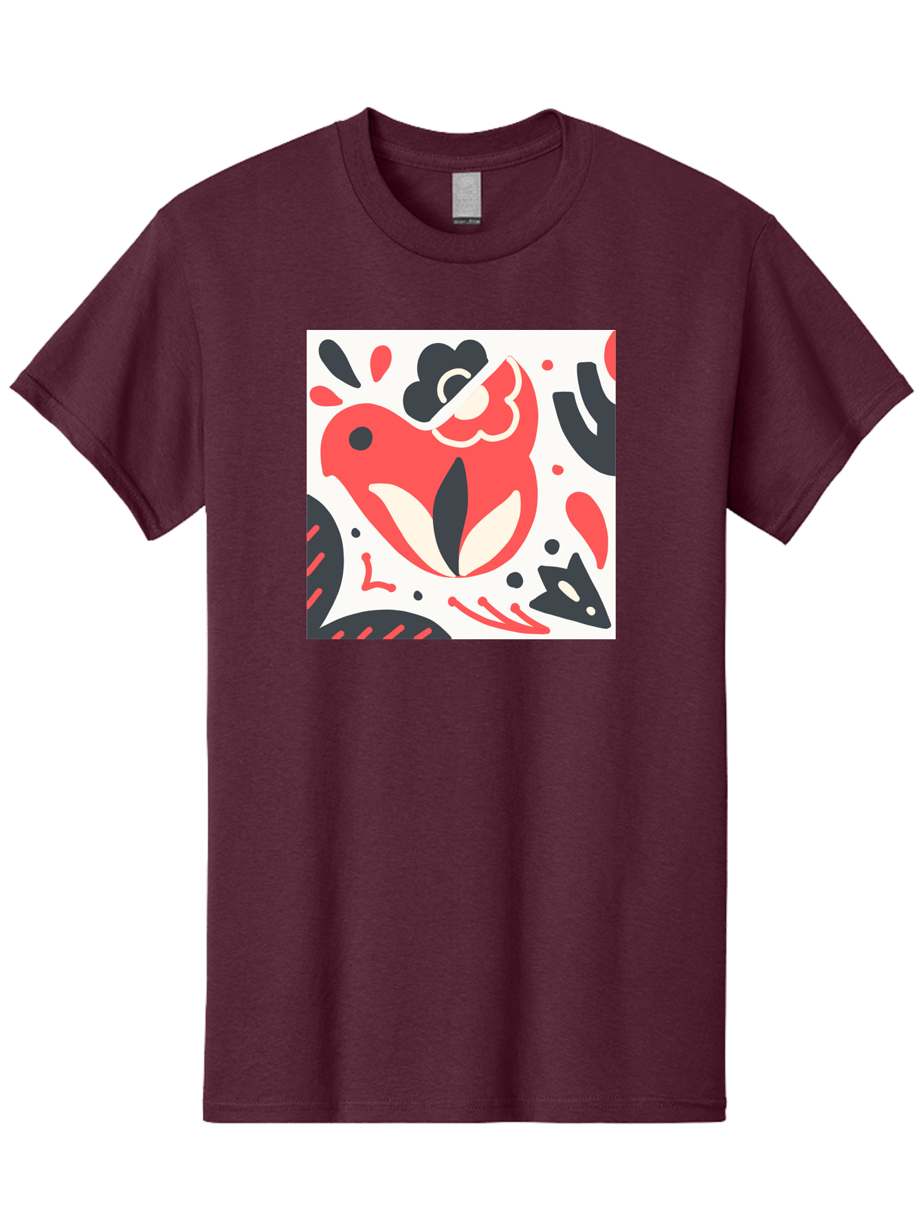 Red-Bird Men'S Graphic Tee, 100% Cotton, Comfortable Casual Summer Wear, Machine Washable, Stylized Fish Illustration, Abstract Shapes, Red And Black Accents, Modern Design, Artistic Expression, Creative Graphics, Bold Colors, Whimsical Art Aab779