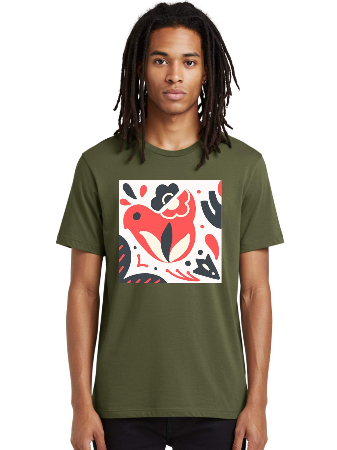 Red-Bird Men'S Graphic Tee, 100% Cotton, Comfortable Casual Summer Wear, Machine Washable, Stylized Fish Illustration, Abstract Shapes, Red And Black Accents, Modern Design, Artistic Expression, Creative Graphics, Bold Colors, Whimsical Art Aab779
