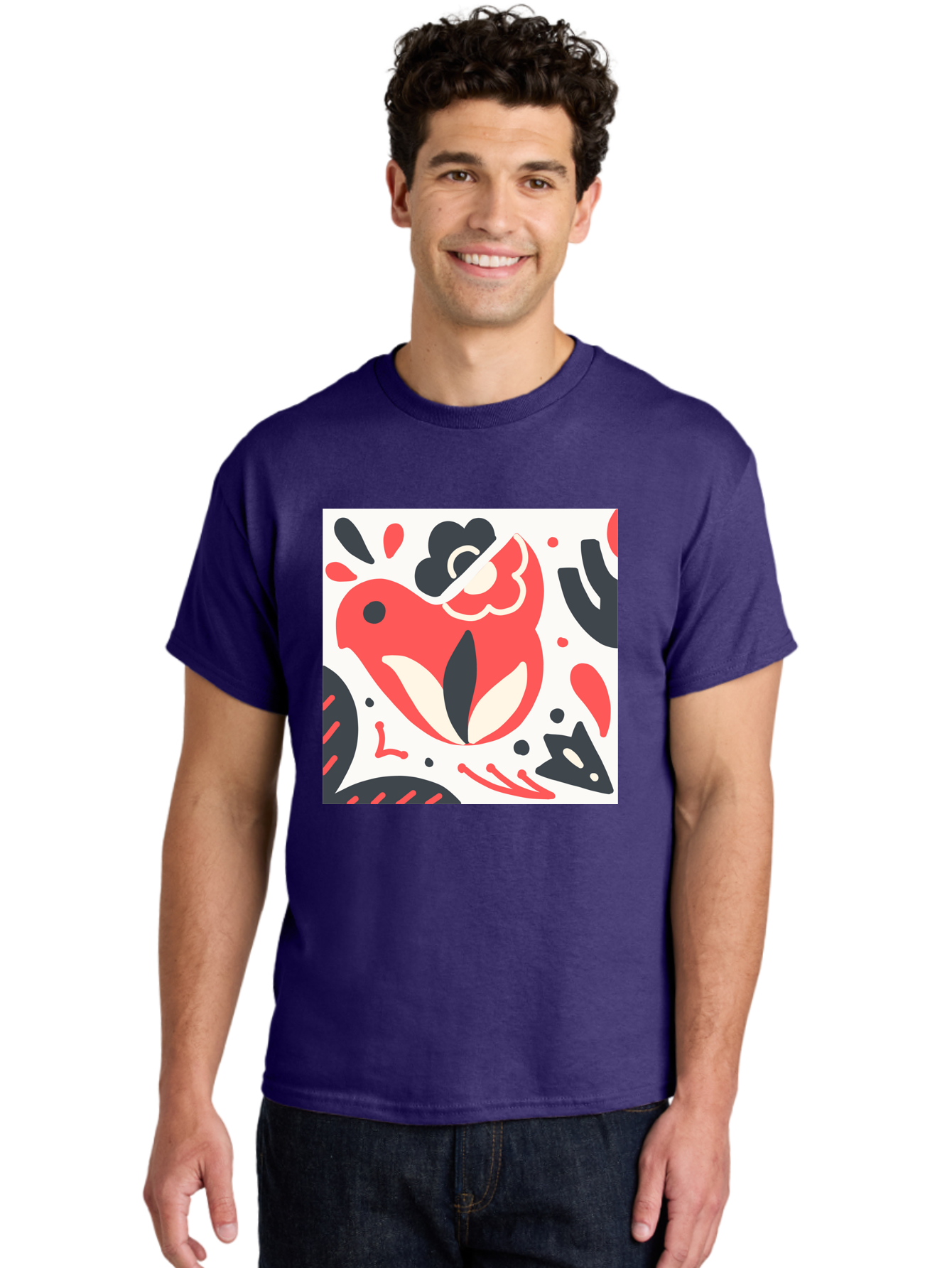 Red-Bird Men'S Graphic Tee, 100% Cotton, Comfortable Casual Summer Wear, Machine Washable, Stylized Fish Illustration, Abstract Shapes, Red And Black Accents, Modern Design, Artistic Expression, Creative Graphics, Bold Colors, Whimsical Art Aab779