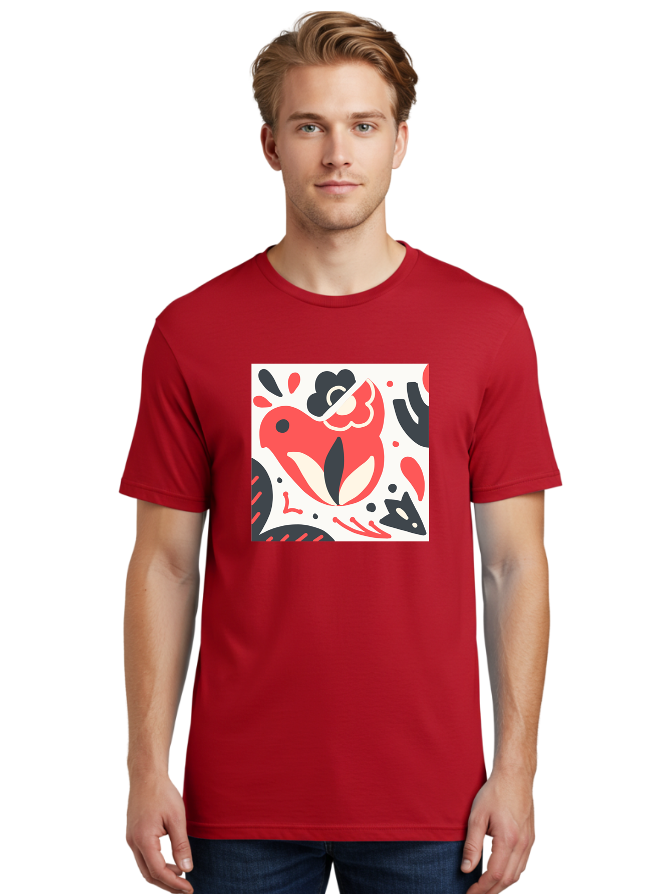 Red-Bird Men'S Graphic Tee, 100% Cotton, Comfortable Casual Summer Wear, Machine Washable, Stylized Fish Illustration, Abstract Shapes, Red And Black Accents, Modern Design, Artistic Expression, Creative Graphics, Bold Colors, Whimsical Art Aab779