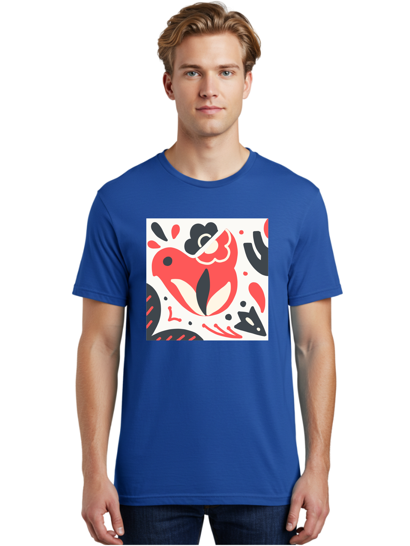 Red-Bird Men'S Graphic Tee, 100% Cotton, Comfortable Casual Summer Wear, Machine Washable, Stylized Fish Illustration, Abstract Shapes, Red And Black Accents, Modern Design, Artistic Expression, Creative Graphics, Bold Colors, Whimsical Art Aab779