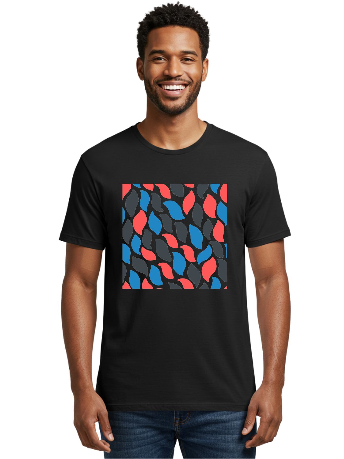 Red-Blue-Black-Leaves Men'S Graphic Tee, 100% Cotton, Comfortable Casual Summer Wear, Machine Washable, Colorful Leaf Pattern, Abstract Design, Red Blue Black Leaves, Vibrant Colors, Modern Art, Leaf Motif, Graphic Design, Creative Pattern, Aab781