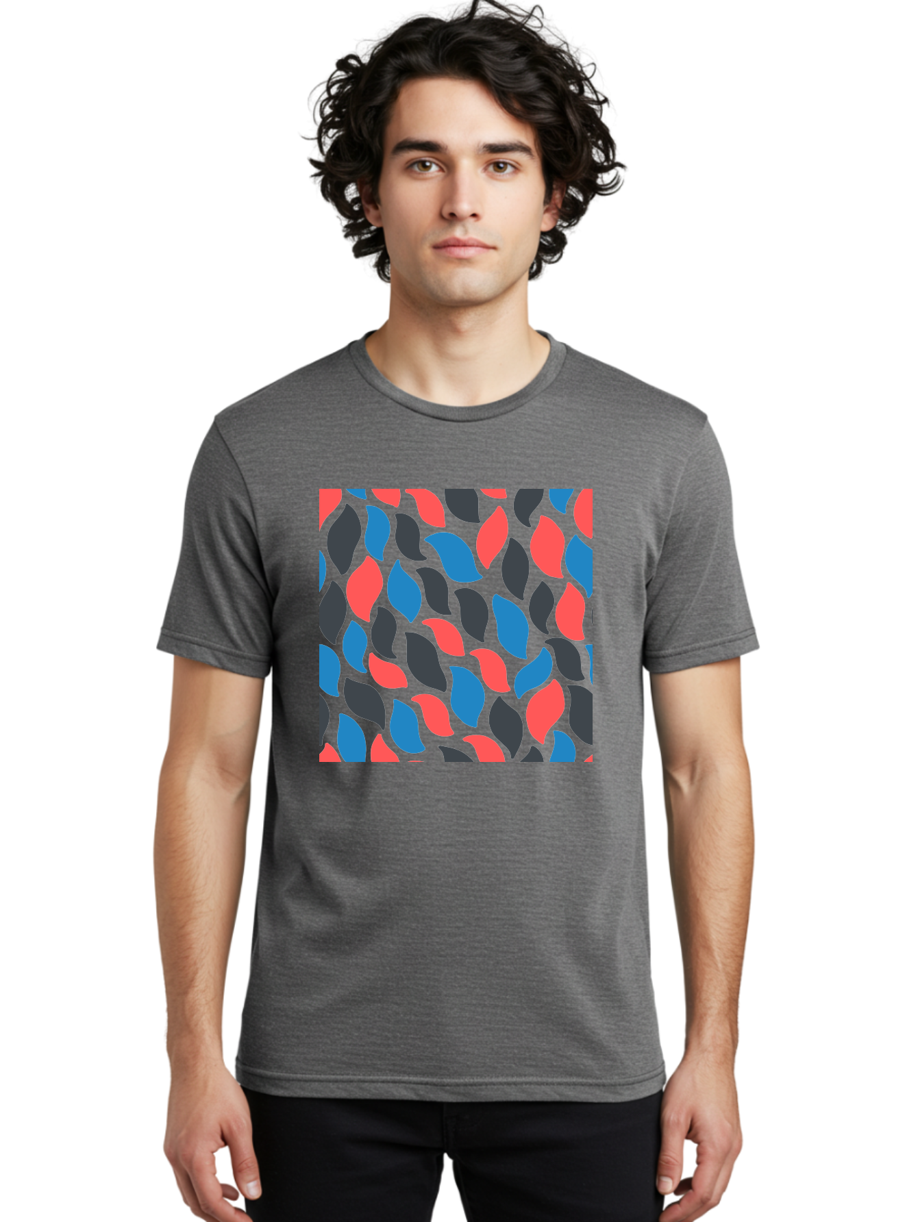 Red-Blue-Black-Leaves Men'S Graphic Tee, 100% Cotton, Comfortable Casual Summer Wear, Machine Washable, Colorful Leaf Pattern, Abstract Design, Red Blue Black Leaves, Vibrant Colors, Modern Art, Leaf Motif, Graphic Design, Creative Pattern, Aab781