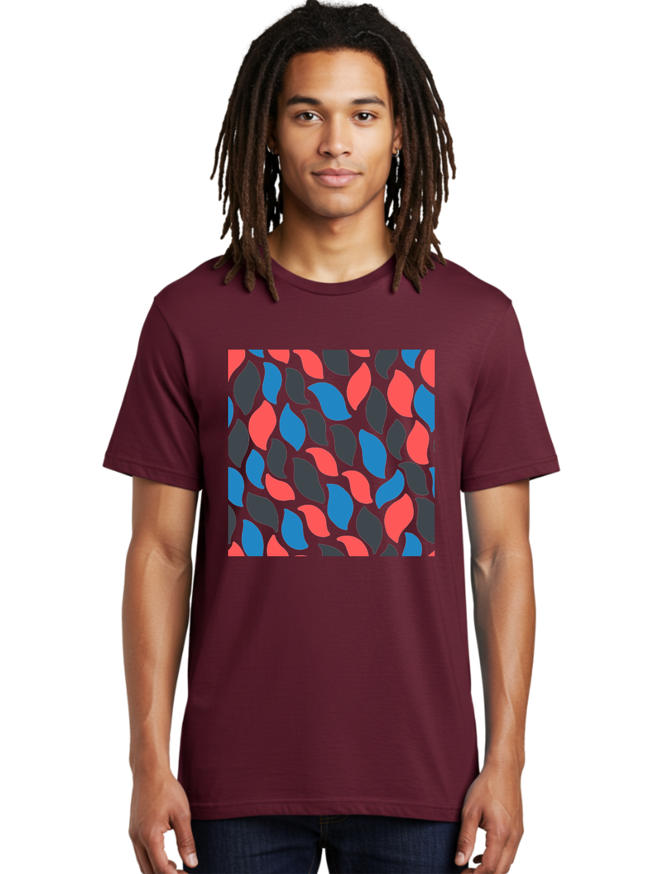 Red-Blue-Black-Leaves Men'S Graphic Tee, 100% Cotton, Comfortable Casual Summer Wear, Machine Washable, Colorful Leaf Pattern, Abstract Design, Red Blue Black Leaves, Vibrant Colors, Modern Art, Leaf Motif, Graphic Design, Creative Pattern, Aab781