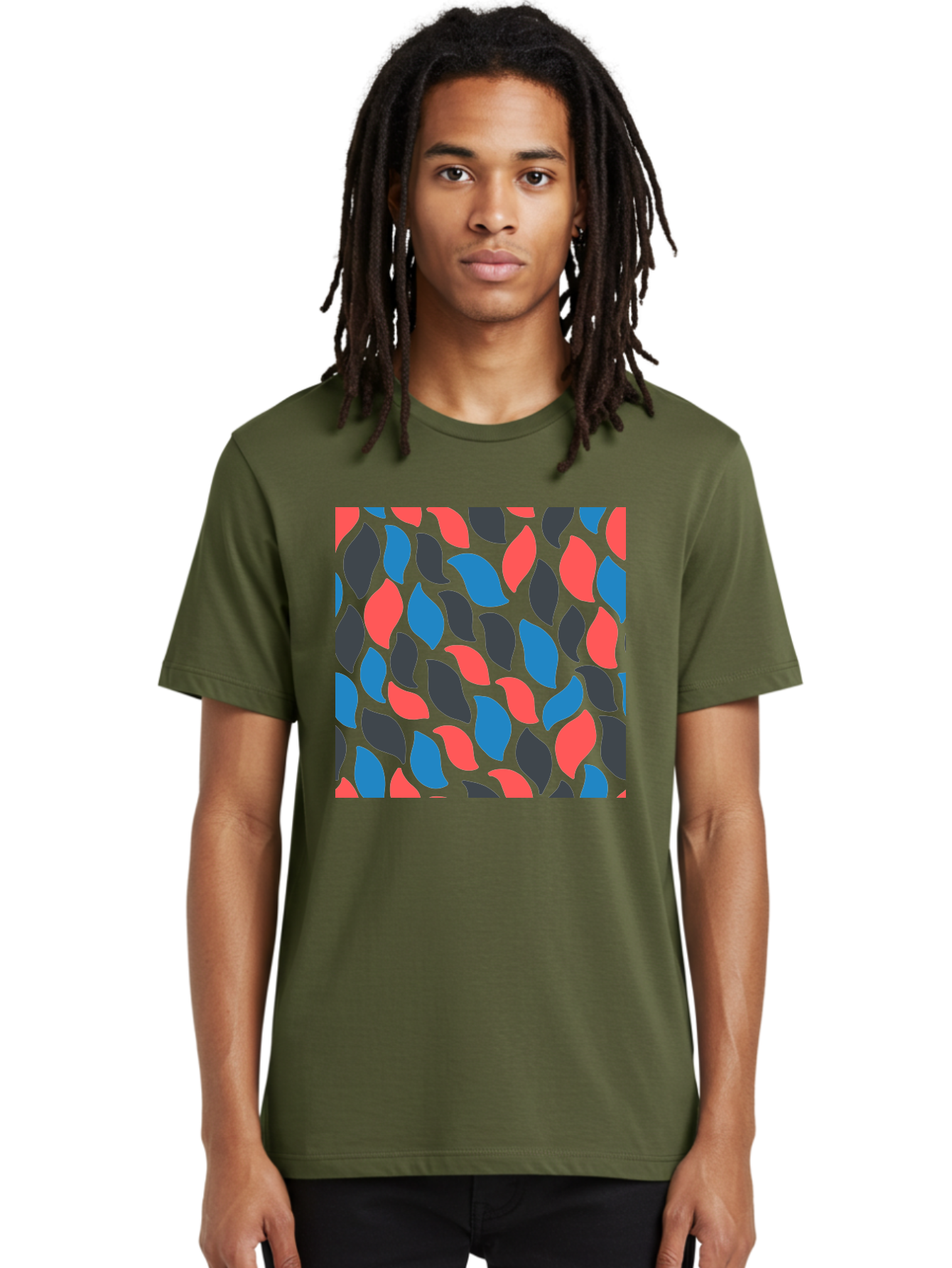 Red-Blue-Black-Leaves Men'S Graphic Tee, 100% Cotton, Comfortable Casual Summer Wear, Machine Washable, Colorful Leaf Pattern, Abstract Design, Red Blue Black Leaves, Vibrant Colors, Modern Art, Leaf Motif, Graphic Design, Creative Pattern, Aab781