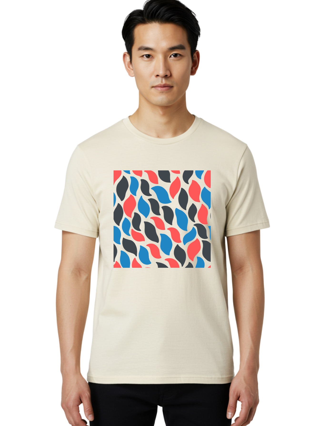 Red-Blue-Black-Leaves Men'S Graphic Tee, 100% Cotton, Comfortable Casual Summer Wear, Machine Washable, Colorful Leaf Pattern, Abstract Design, Red Blue Black Leaves, Vibrant Colors, Modern Art, Leaf Motif, Graphic Design, Creative Pattern, Aab781